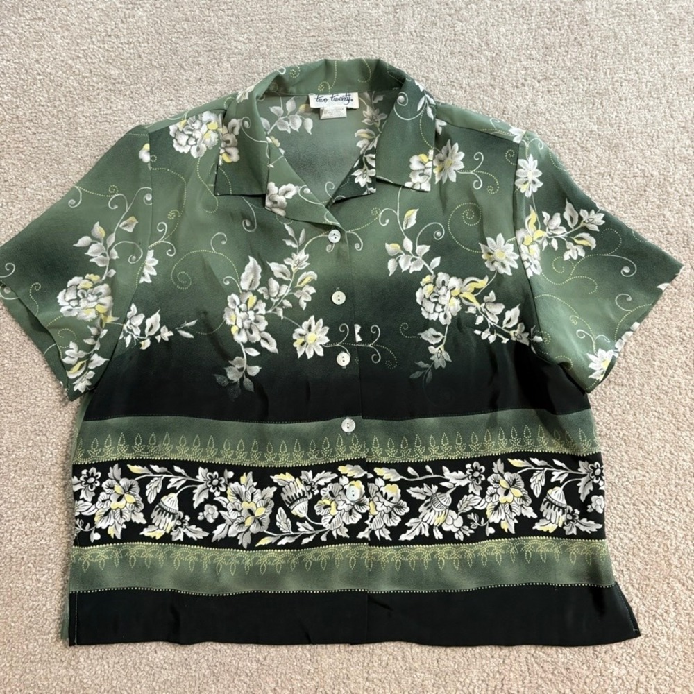 Vintage Two Twenty Floral Print Button‎ Up Short Sleeve Top Green Large